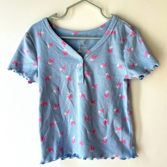 🌼 5/$25 Girls Butterfly Lettuce Hem Ribbed Henley Tee Shirt Size 6 Blue Pink - Picture 1 of 8